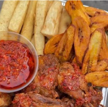 French Fries, Fried Plantain, Pepper Chicken Lap