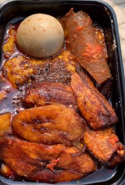 Ewa Agoyin, kpanla Fish, Ponmo, boiled Egg, plantain and soft Bread