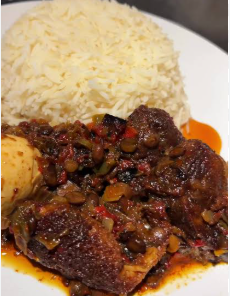 White rice & Ayamase sauce (Egg, Intestine/shredded meat/ponmo, boiled egg) with any protein