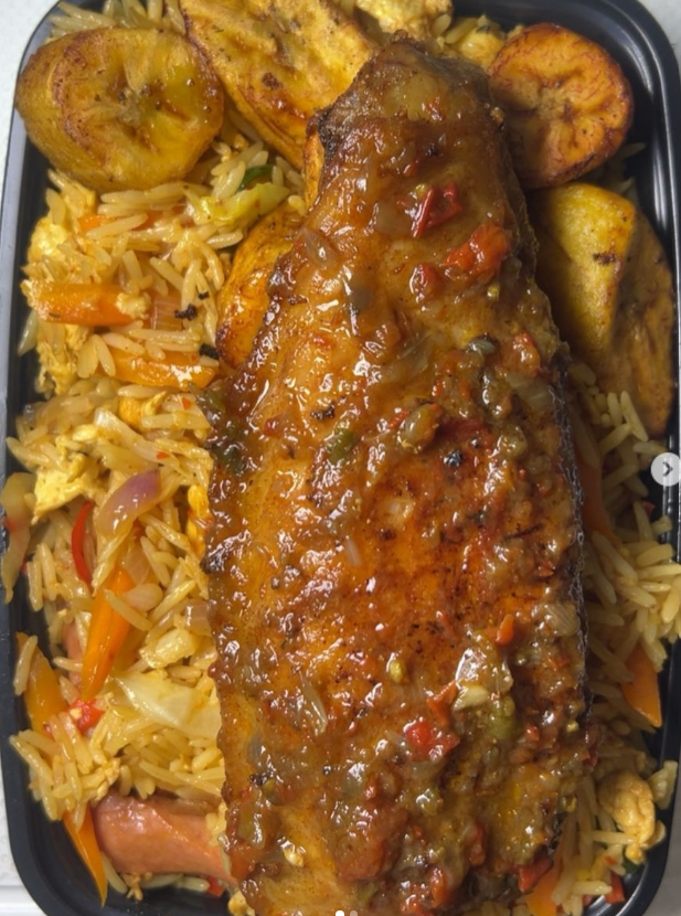 Spicy Asun Jollof Rice with Turkey, boiled egg, plantain & 1 soft drink