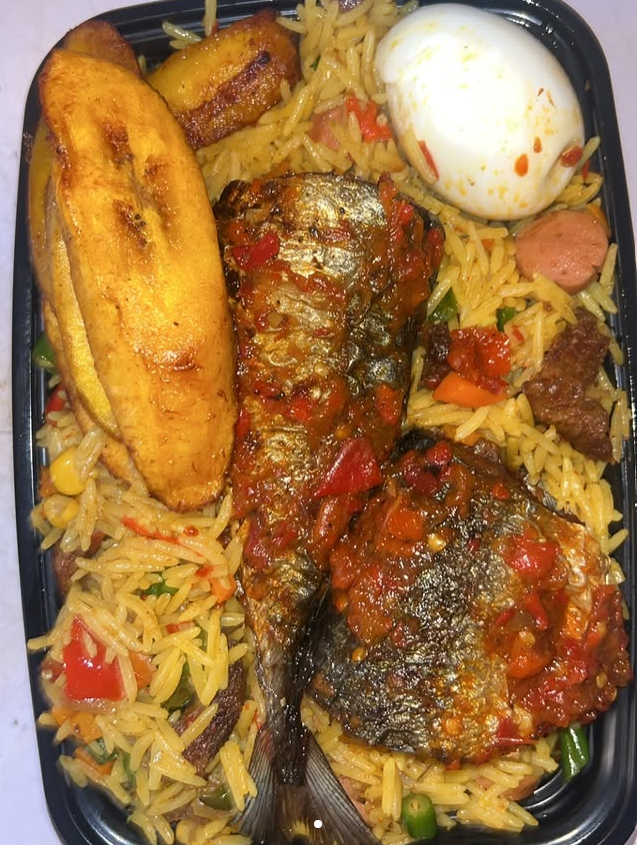 Spicy Asun Fried Rice with Protein, boiled egg, plantain & 1 soft drink
