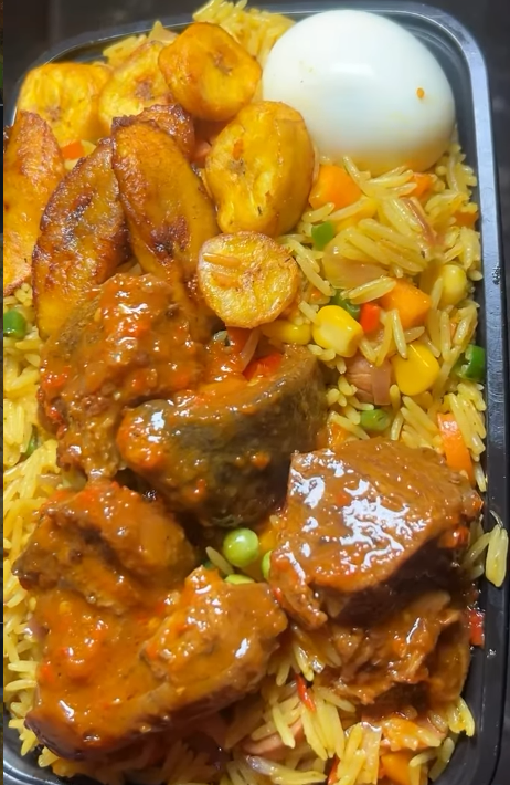 Fried Rice with Protein, boiled egg, plantain & 1 soft drink