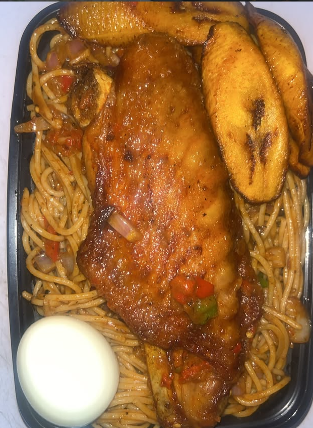 Jollof fusili/penne/linguine with Turkey, boiled egg, plantain & 1 soft drink