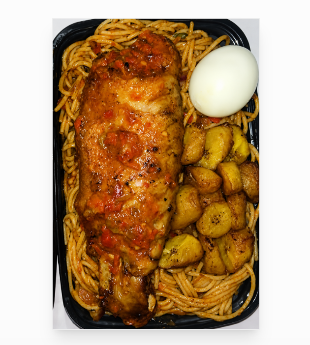 Stir fry fusili/penne/linguine with turkey, chicken breast, sausage & vegetables, boiled egg, plantain & 1 soft drink