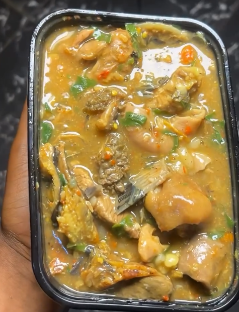 White soup (catfish, assorted, dry fish, 2 goat meats, ponmo)