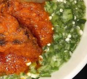 White Okra & Stew (2 goat meat, 2 beef, kpanla, ponmo, stockfish & dry fish)