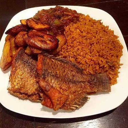 Jellof Rice, Croaker Fish And Plantain