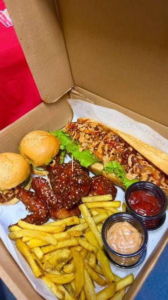 Beef Burger,Fries,Hotdog And Wings
